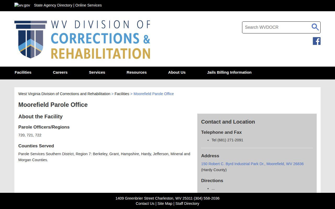 Grant County parole supervision information from the Moorefield Parole Office